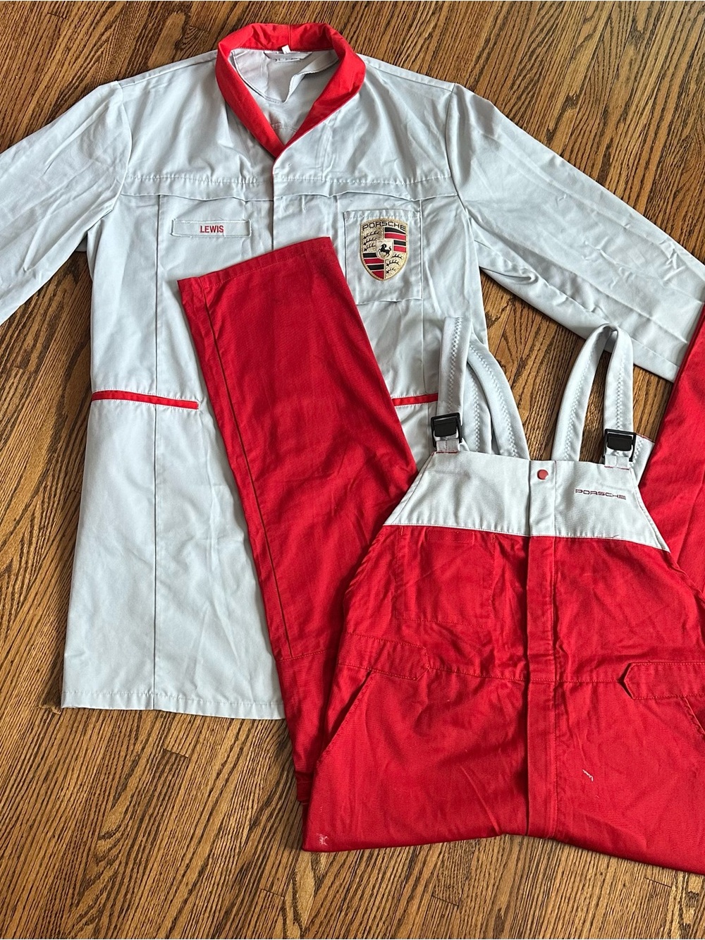 Authentic Vintage Porsche Red & Light Grey Racing Lab Coat and Overalls